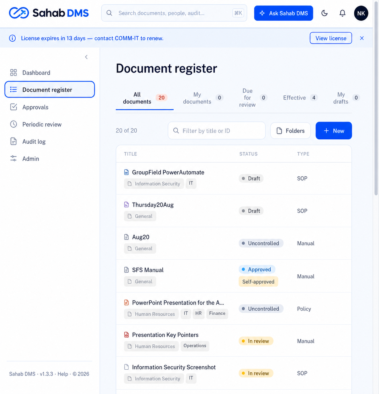 Sahab DMS document register