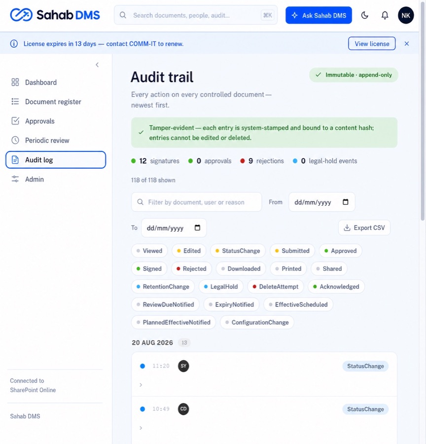 Sahab DMS tamper-evident audit trail