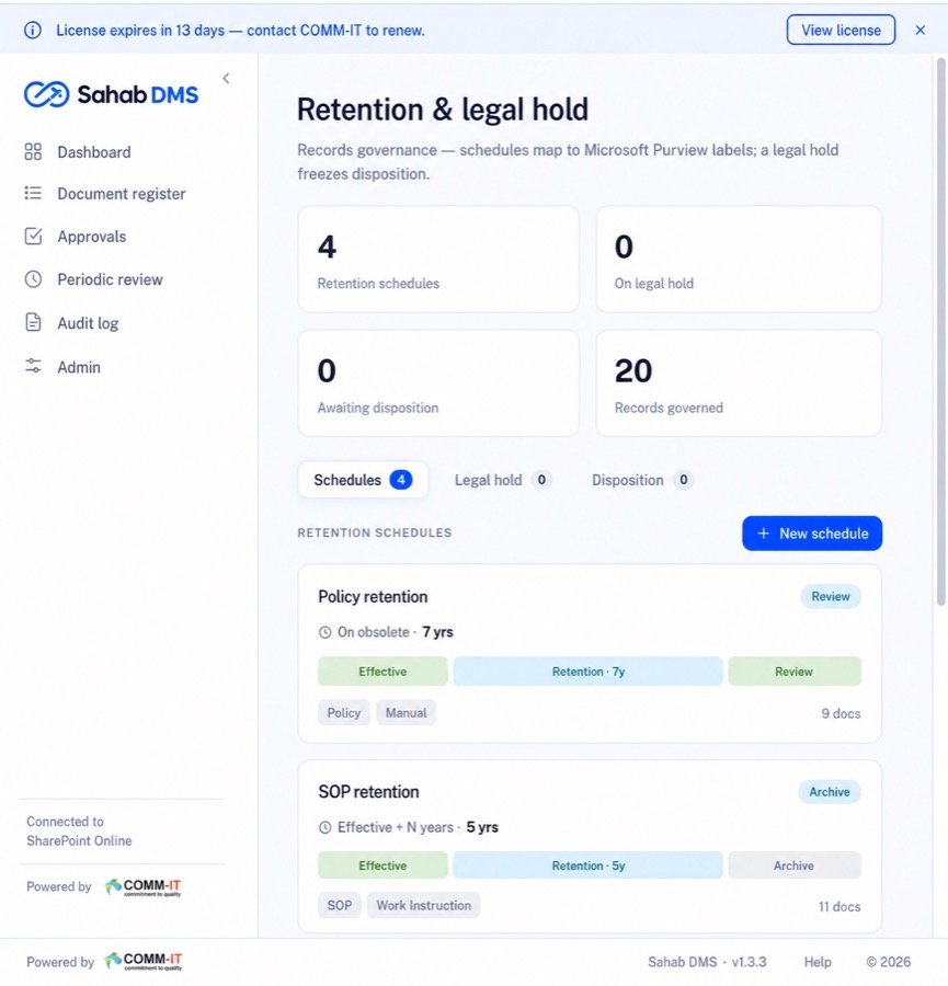 Sahab DMS retention schedules and legal hold workspace